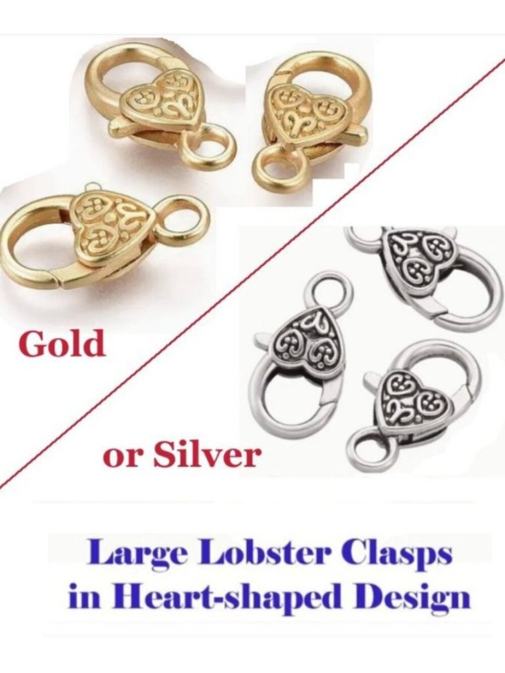 Large Lobster Clasps in Heart-shaped Design. 3 Clasps in Gold OR Silver 25x14mm